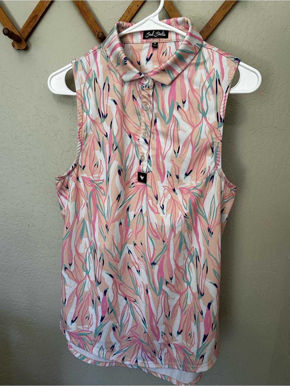 Bad Birdie Pink Floral-Abstract Sleeveless Collared Tank